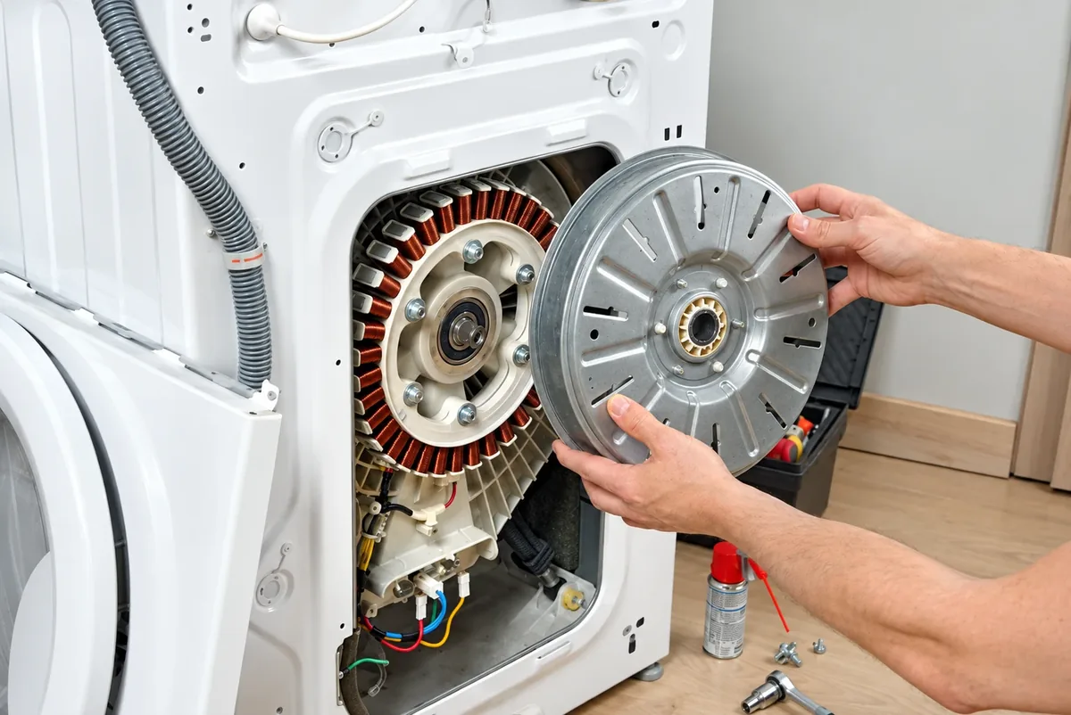 AllPro AG technician removing the rotor and drive motor from a dryer during appliance repair in San Diego
