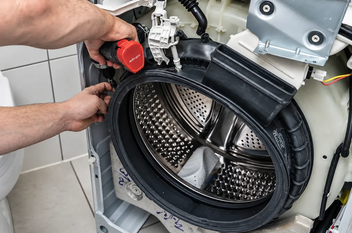 AllPro AG technician servicing the tub and door boot on a front-load washer during appliance repair in San Diego