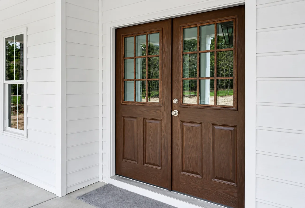 Rich brown refinished double front doors with nine-lite glass on a white home, sealed by AllPro AG in San Diego
