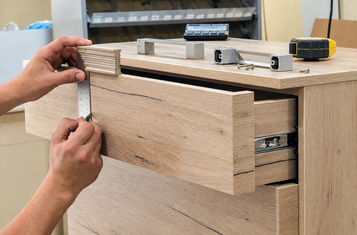AllPro AG technician measuring and marking an oak drawer front with a square during furniture assembly in San Diego