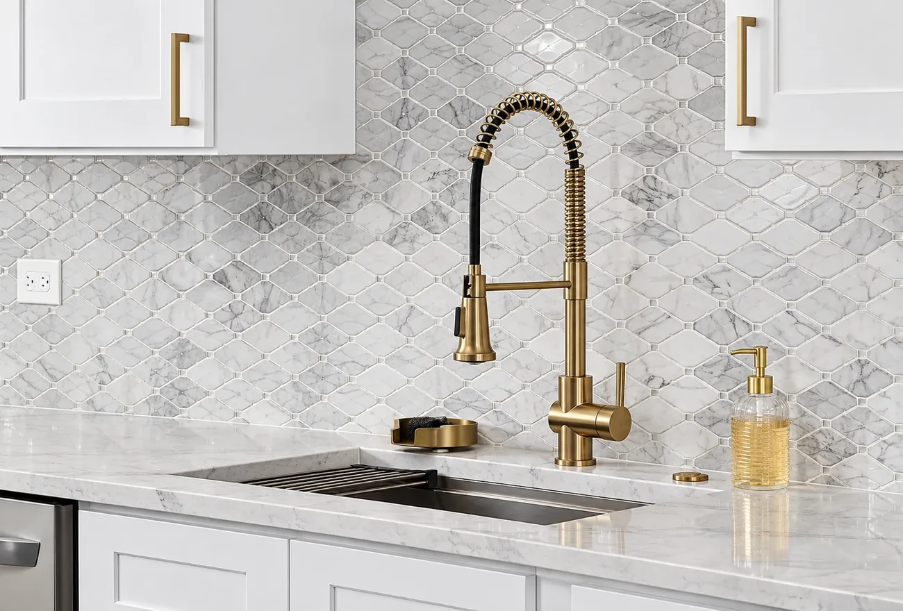 Brushed-gold spring pull-down kitchen faucet installed over a stainless sink against a marble backsplash by AllPro AG in San Diego