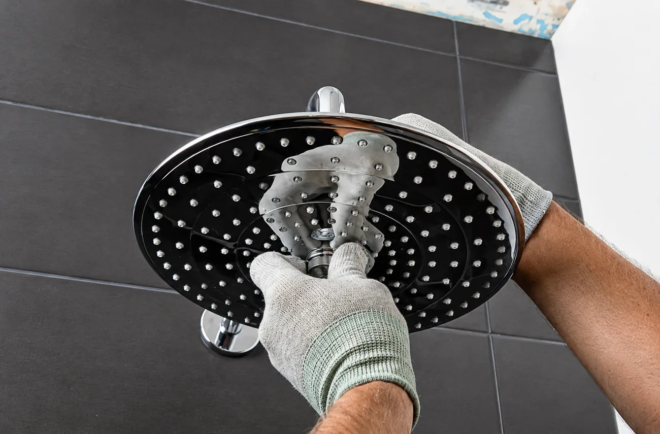AllPro AG technician installing a large rain showerhead on a dark-tiled bathroom wall in San Diego