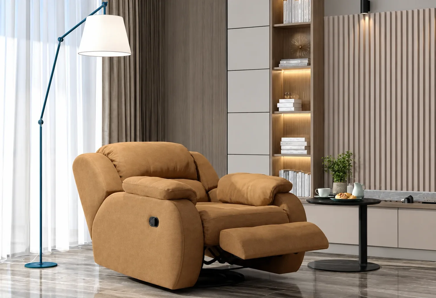Tan fabric manual recliner with the footrest extended and the side release handle visible, beside a floor lamp in a San Diego living room