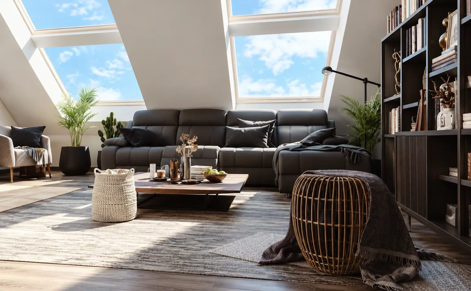 Dark leather reclining sectional sofa with a chaise under skylights in a bright San Diego loft living room