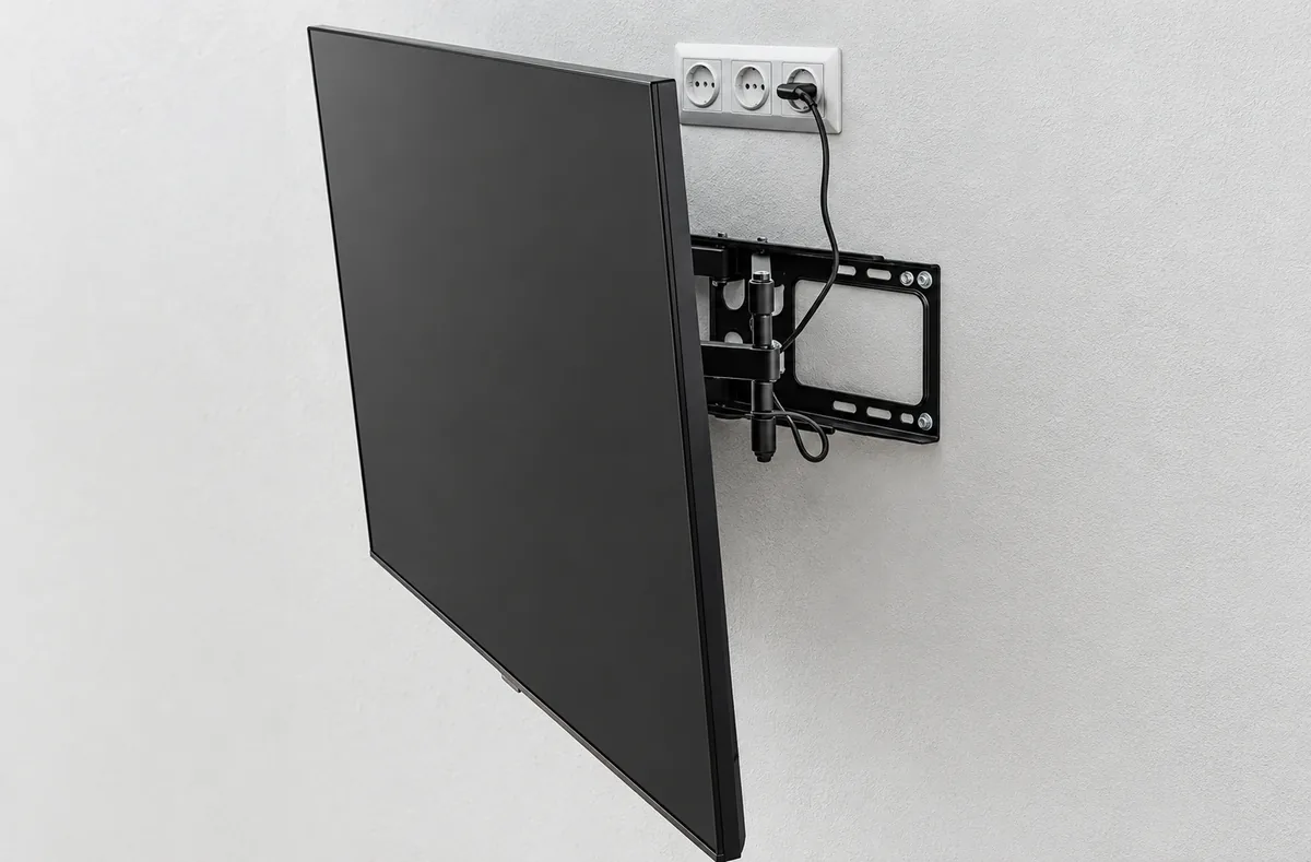 Full-motion articulating TV mount arm extended from the wall showing the bracket and cabling, installed by AllPro AG in San Diego