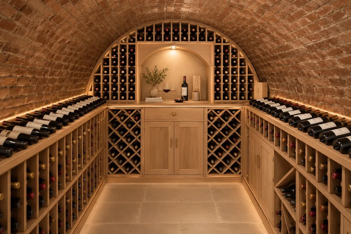 Custom brick vaulted wine cellar with wood racking in a San Diego home