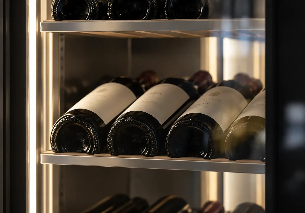 Wine bottles resting on softly lit shelves inside a wine cooler