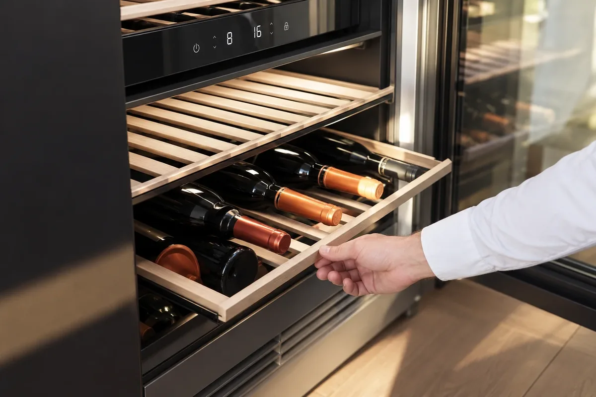 Hand sliding out a wood shelf on a built-in wine cooler with digital temperature controls