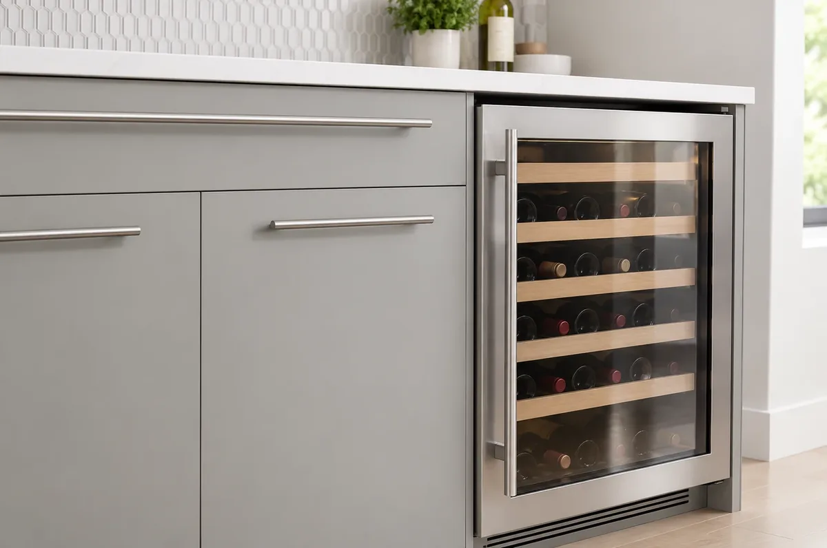 Stainless under-counter wine cooler built into gray cabinetry in a San Diego kitchen
