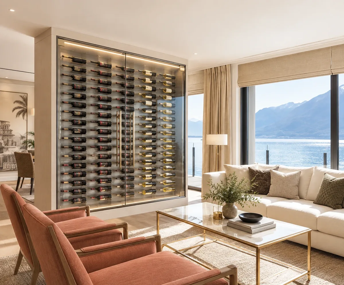 Floor-to-ceiling glass wine wall in a San Diego living room with a water view
